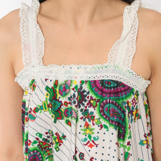 70s Paisley Floral Sundress White Green Purple Eyelet Lace Midi Extra Small