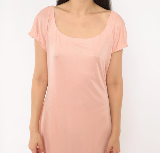 70s Blush Pink Maxi Dress Cap Sleeve Scoop Neck A-Line Large