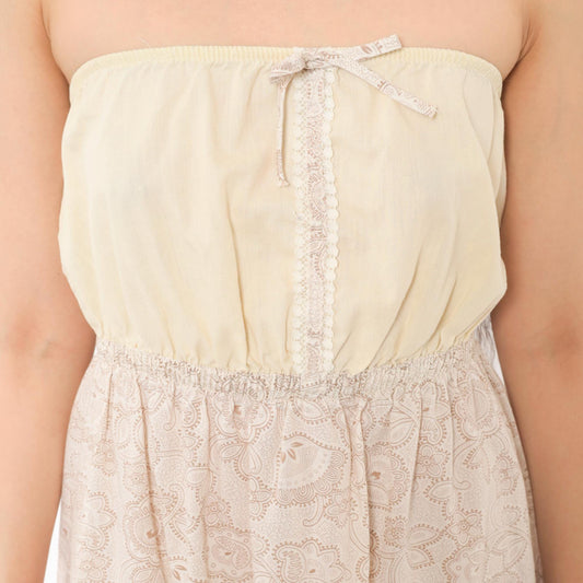 90s Cream Paisley Strapless Sundress Floral Print Lace Trim Small