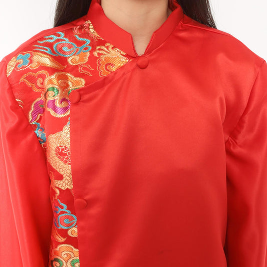 Y2K Red Satin Tunic Dragon Brocade Mandarin Collar Snap Front Large L