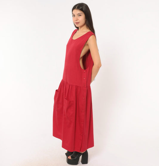 90s Carmel Crimson Red Maxi Dress Drop Waist Sleeveless Scoop Neck Large L