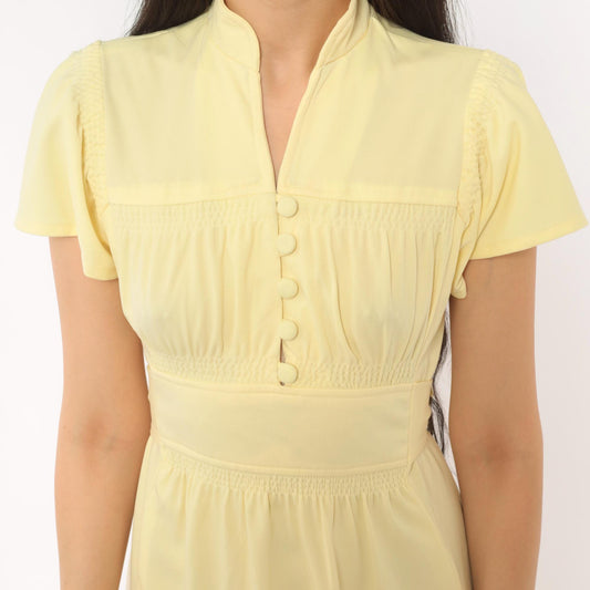70s Trolley Car Yellow Dress Smocked V-Neck A-Line Knee Length Small