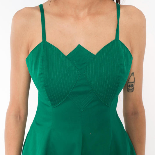 90s Emerald Bustier Sundress Sweetheart Neckline Cotton Spaghetti Strap Small