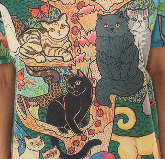 Y2K Cat Tree Tee All Over Print Graphic Multicolor Cats Illustration Medium M