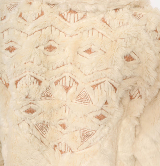 Free People 2000s Cream Faux Fur Jacket Tribal Embroidery Shawl Collar Medium M