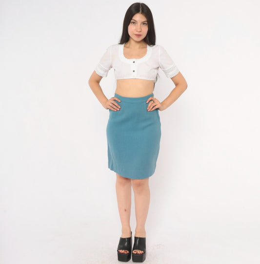 60s Dusty Blue Wool Pencil Skirt High Waist Side Zip Knee Length Extra Small XS