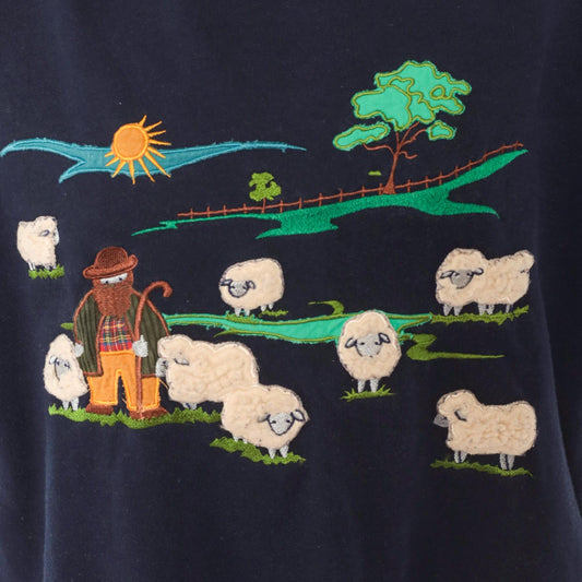 80s Tulchan Navy Collared Sweatshirt Embroidered Sheep Pastoral Scene Large L