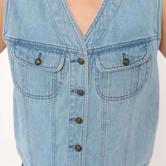 90s Light Blue Denim Vest Cotton Button Front Cropped Medium M