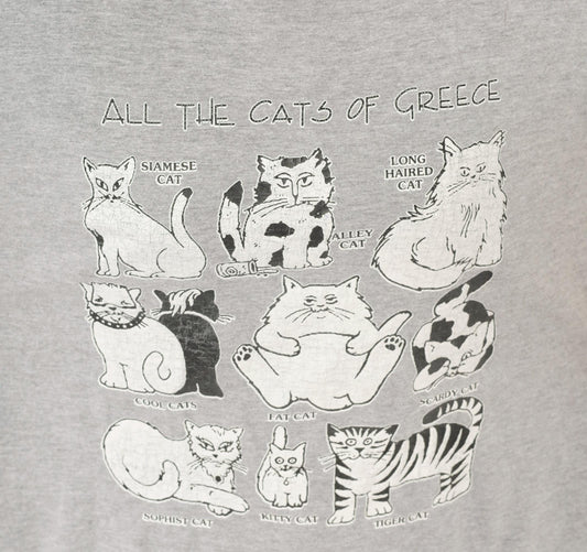 90s Kamba Cat Print Tee Grey Mykonos Graphic Cotton Crew Neck Large L