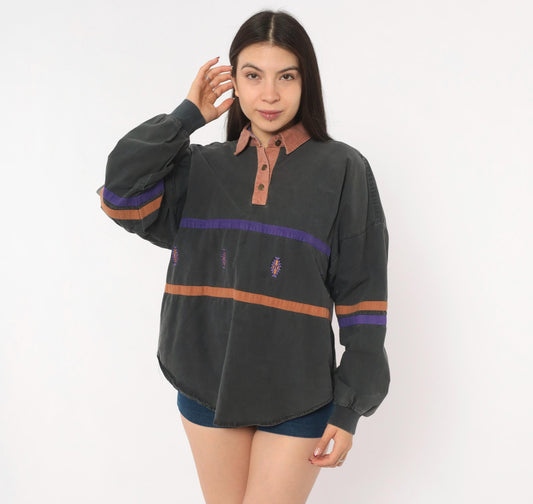 90s Roper Southwestern Rugby Polo Grey Purple Stripe Embroidered Medium M