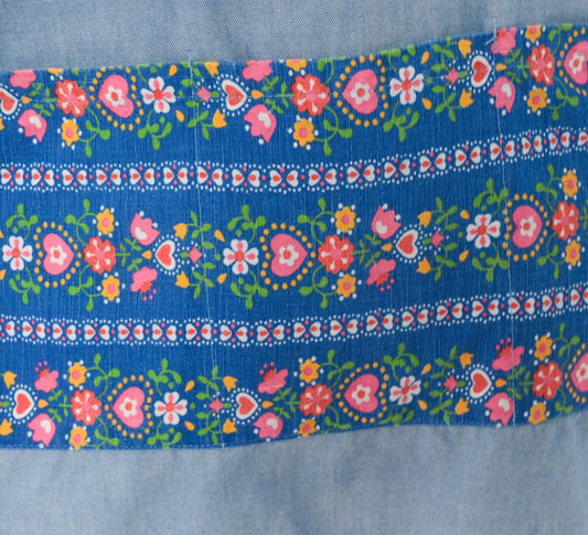 70s Light Blue Chambray Tunic Apron Dress Floral Print Open Back Small