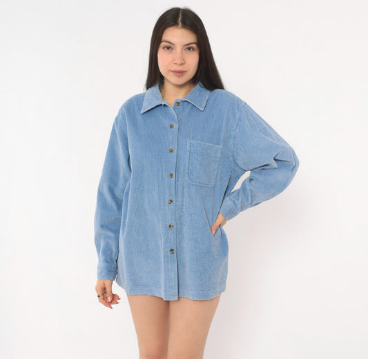 90s L.L.Bean Corduroy Button-Front Shirt Sky Blue Cotton Medium M