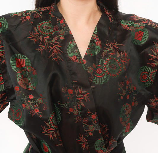 70s Black Kimono Robe Olive Red Brocade Medallion Wrap Maxi Medium