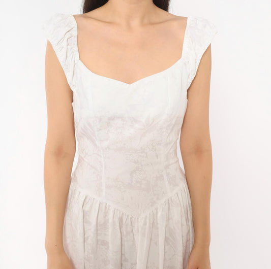 80s White Cotton Maxi Dress Sweetheart Neckline Basque Waist Floral Extra Small