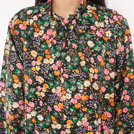 70s Atkins Black Floral Maxi Dress Bell Sleeve Bow Neck Garden Print Medium M