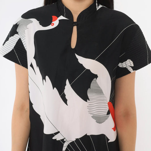 70s Tori Richard Crane Print Maxi Dress Black White Red Mandarin Collar Medium M