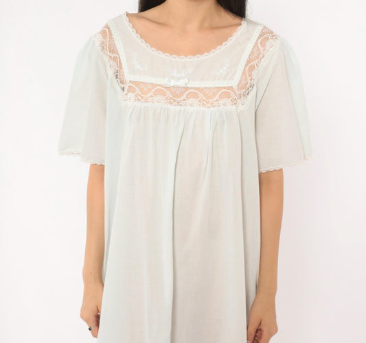 80s Barbizon Pale Blue Maxi Nightgown Lace Yoke Embroidered Puff Sleeve Large L