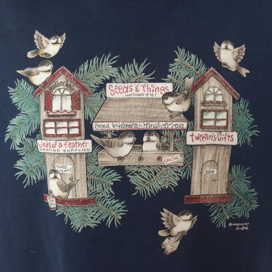 90s Morning Sun Bird Birdhouse Navy Sweatshirt Burgundy Collar Extra Large