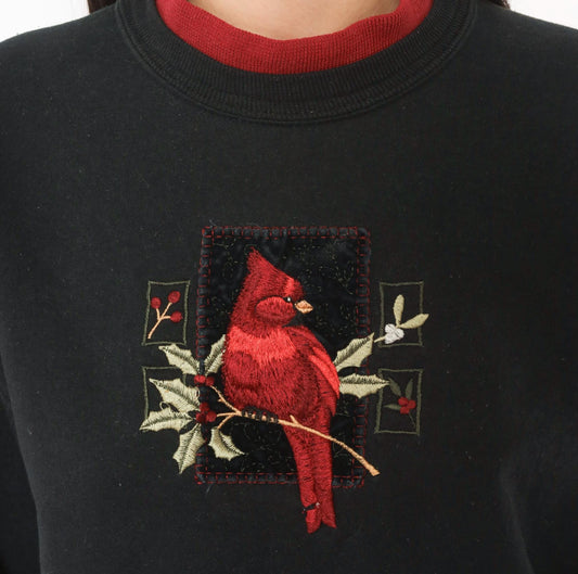 90s Cardinal Embroidered Black Sweatshirt Holly Branch Cotton Top Stitch Medium