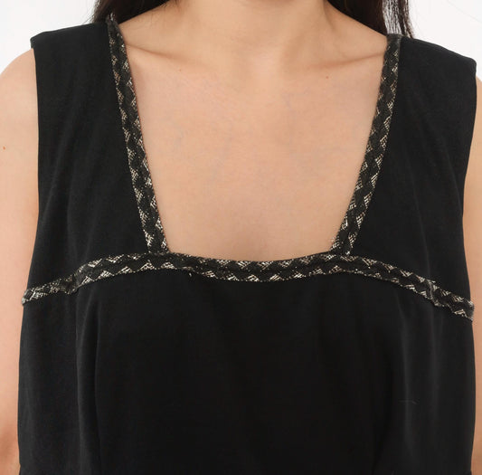 70s Black Maxi Dress Empire Waist Square Neckline Silver Braided Trim Extra Large
