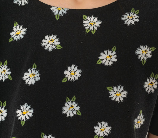 90s Lizsport Daisy Crop Top Black White Floral Cotton Tee Small