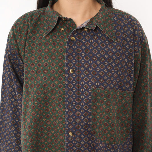 90s Nautica Patchwork Button Shirt Medallion Print Olive Navy Large L