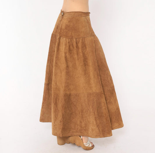 90s JH Collectibles Suede Maxi Skirt Tan A-Line Tiered Medium M