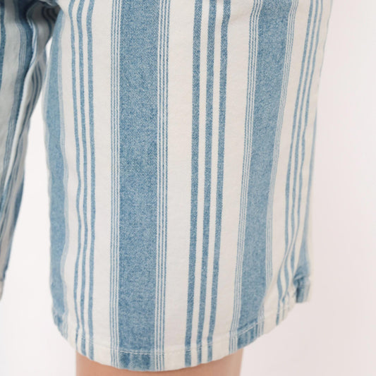 90s Mixed Blues Striped Denim Shorts High Waist Bermuda Blue White Cotton XS