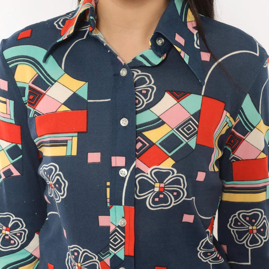 70s Panther Navy Geometric Floral Button Front Blouse Long Sleeve Small
