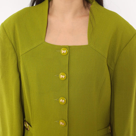 80s Lauren Taylor Wool Coat Dress Olive Green Gold Buttons Power Dressing Large L