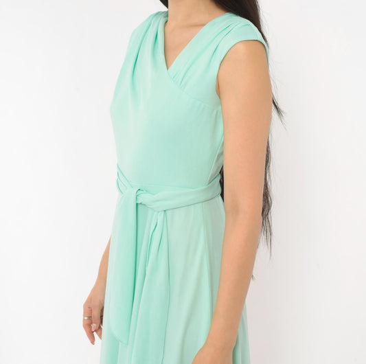 70s House of Bianchi Mint Green Maxi Dress Cap Sleeve V-Neck Sash Small