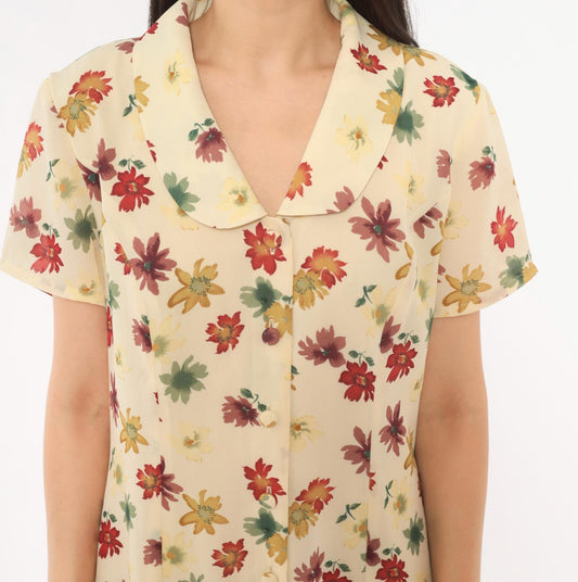 90s Evan-Picone Floral Button Front Mini Dress Cream Daisy Print Medium M