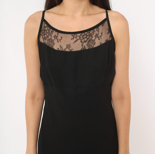 Gunne Sax Black Lace Maxi Slip Dress 90s Spaghetti Strap Low Back Large L