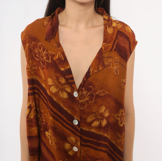 90s Naturals Batik Floral Shirt Dress Mustard Rust Mini Plus Size 1X