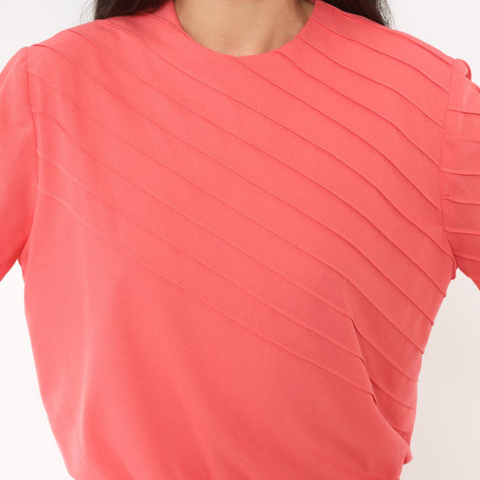 70s Herman Marcus Coral Midi Dress Pintuck Blouson Three Quarter Sleeve Large L