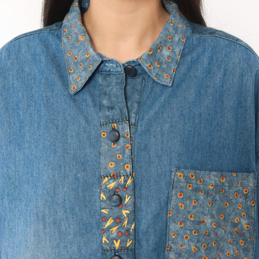 90s St. Jeanne Denim Shirt Patchwork Print Button Front Cotton Extra Large XL