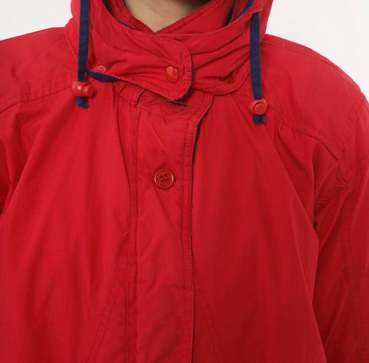 80s Red Duck Down Parka Long Hooded Coat Navy Trim Small S