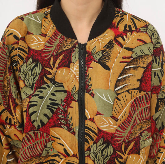 90s Western Collection Beaded Tropical Leaf Bomber Jacket Mustard Small S