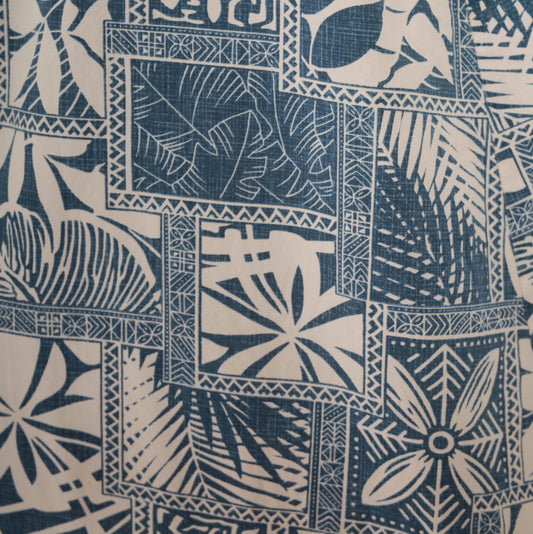 90s Good Times Tapa Print Muumuu Blue White Tropical Patchwork Cotton Knee-Length Medium Large