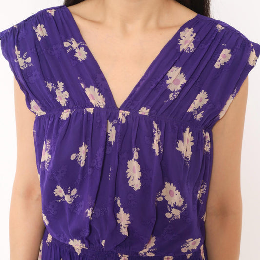 Anna Sui 2000s Purple Silk Dress Daisy Floral V-Neck Cap Sleeve Medium M