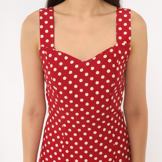 90s Gaccina Red White Polka Dot Midi Sundress Sweetheart Neckline Extra Small XS