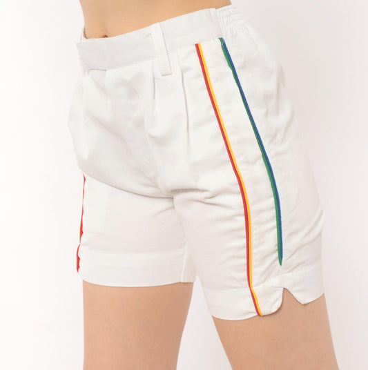 80s Rainbow Stripe White Cotton Bermuda Shorts High Waist Pleated Small S