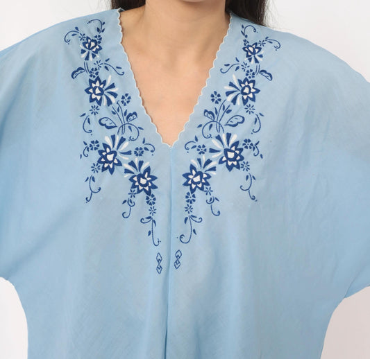 80s Sky Blue Cotton Peasant Blouse Embroidered Floral V Neck Flutter Sleeve Medium Large