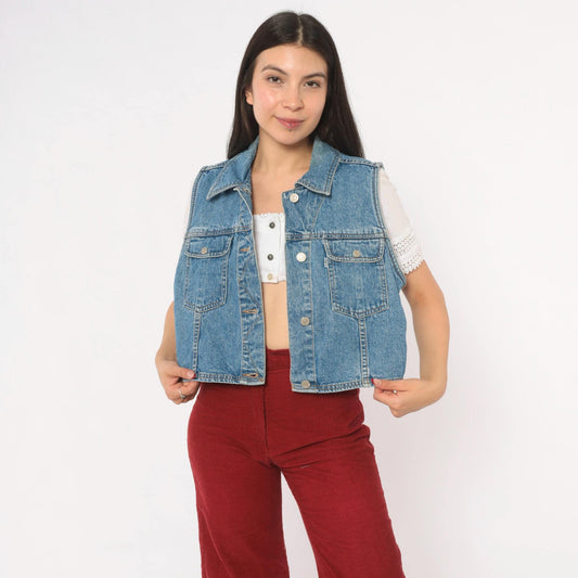 90s Levi's Denim Vest Medium Wash Button Front Cropped Waistcoat Medium M