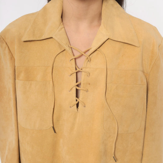 70s Tan Faux Suede Lace-Up Tunic Shirt Pointed Collar Long Sleeve Large L