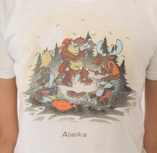 80s Alaska Campfire Animals Graphic Crop Top Gildan Cotton White XS