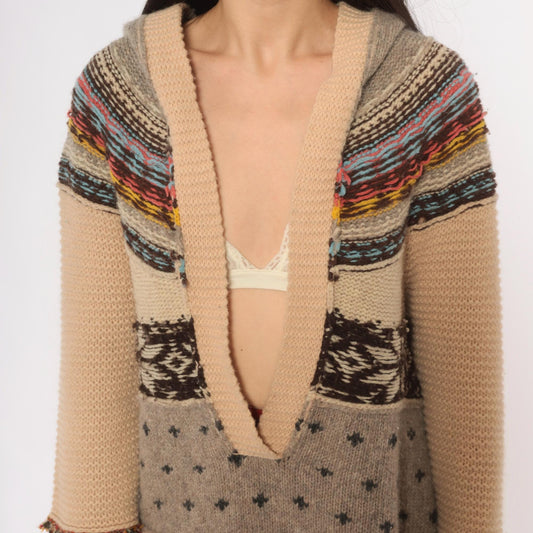 Free People 2000s Patchwork Fair Isle Hoodie Deep V Neck Fringe Medium M