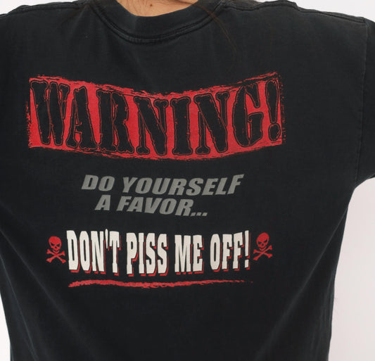 Y2K Biker Trash Skull Crossbones Warning Graphic Tee Black Large L