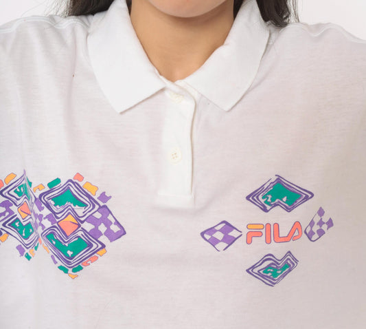 80s Fila Geometric Polo White Cotton Diamond Pattern Large