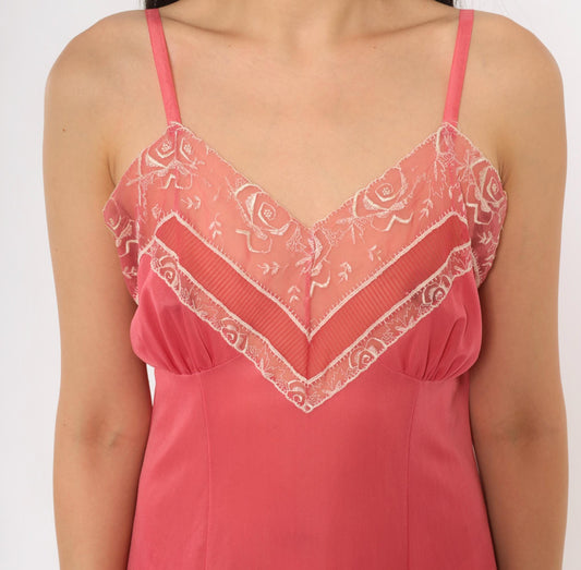 70s Rose Pink Babydoll Chemise Lace Trim Embroidered Floral Mini Slip Small